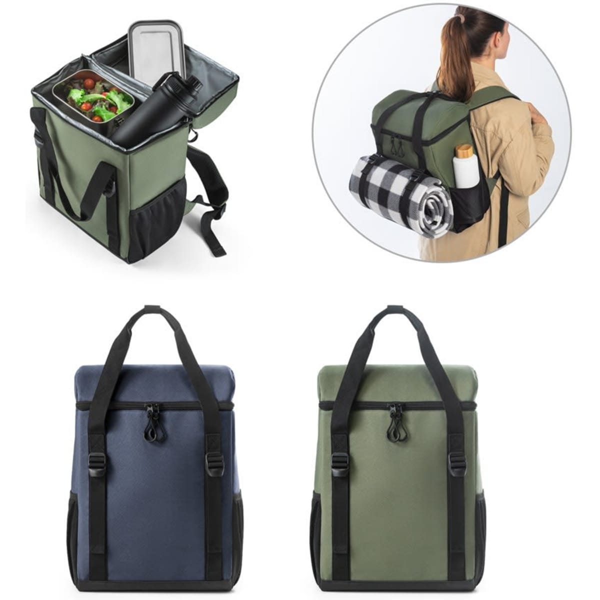 A thermal backpack in green and blue padded in recycled polyester, featuring a logo and compartments for food and drinks.