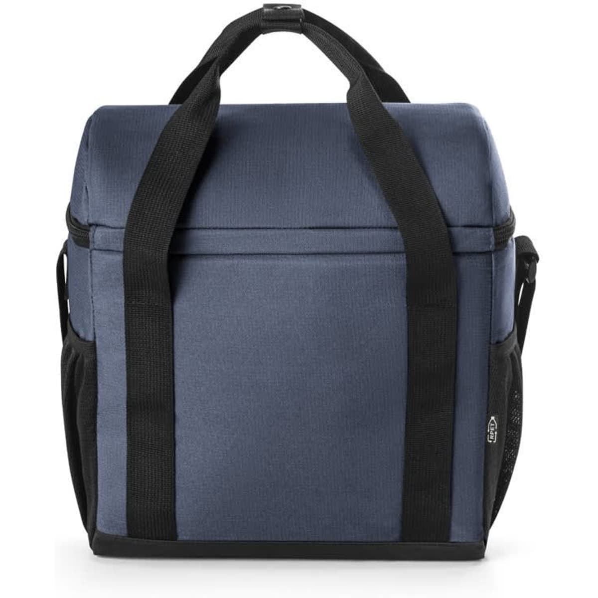 A padded cooler bag in navy blue and black, made from recycled polyester, featuring dual handles and a side mesh pocket.