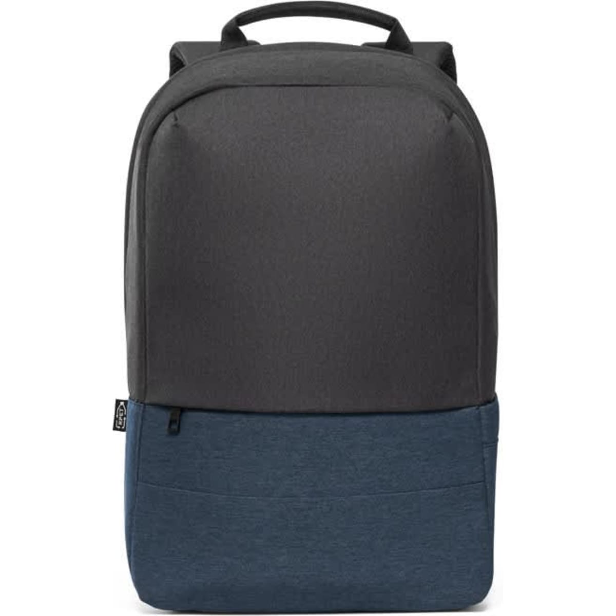 A grey and navy anti-theft backpack made from 600D high-density recycled polyester, featuring a logo.