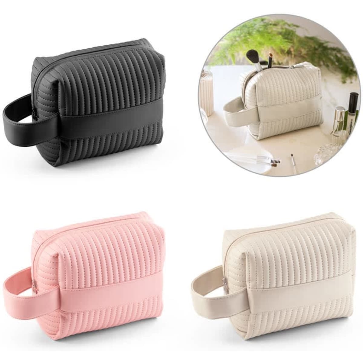 A collection of three handbags in black, pink, and cream, featuring a textured design and a side handle.