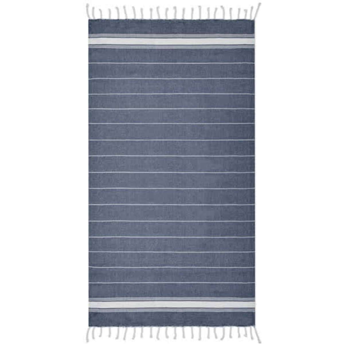 A striped blue and white beach towel with fringed edges and a simple design. It has a soft texture.