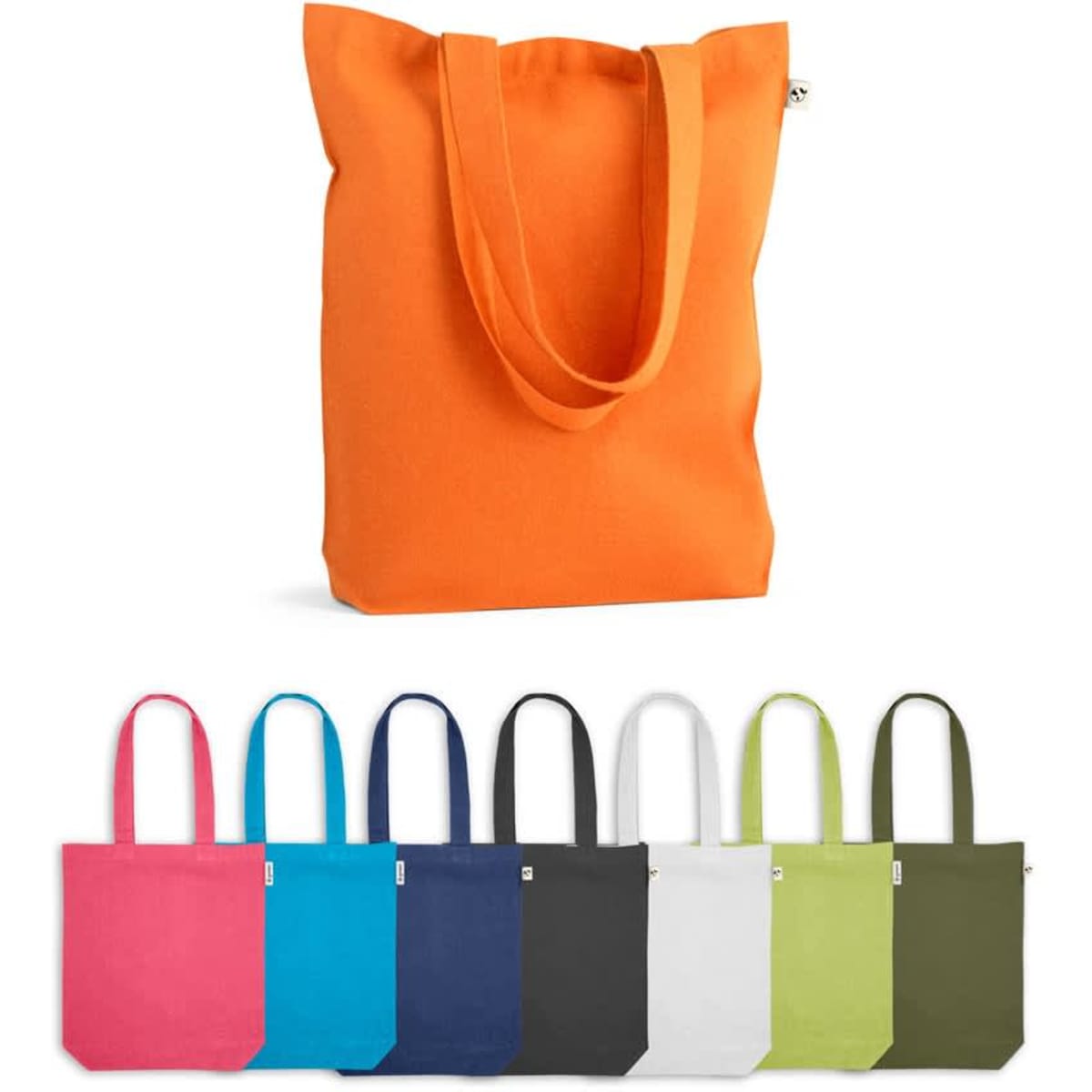An orange tote bag with two handles, displayed alongside bags in various colours including pink, blue, navy, black, white, and green.