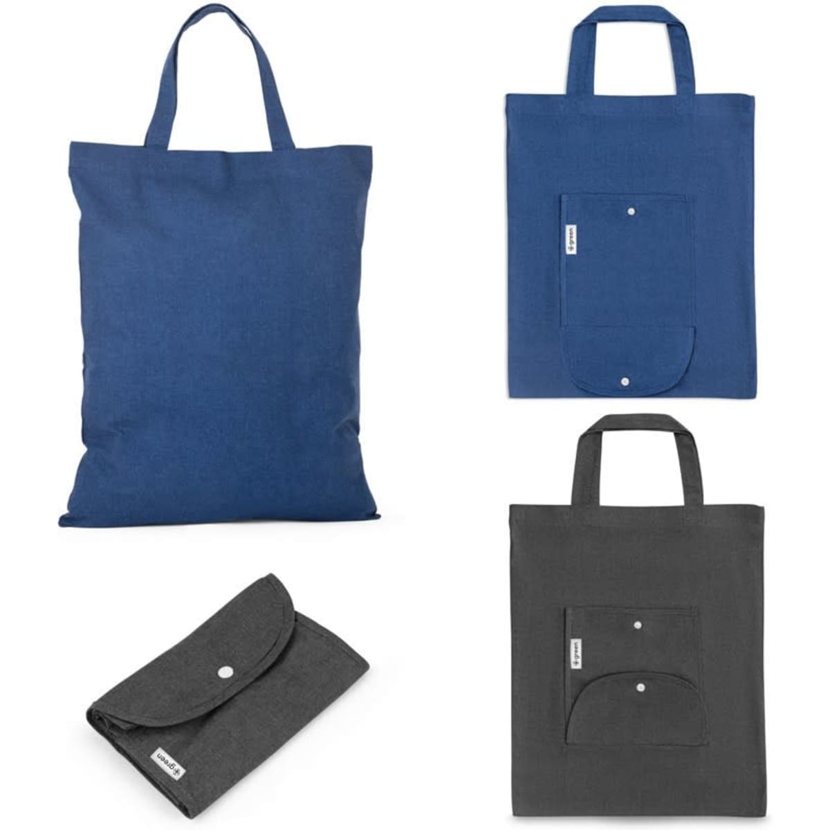 A foldable bag in navy blue and grey, made from cotton and recycled materials, featuring a front pocket and branding.