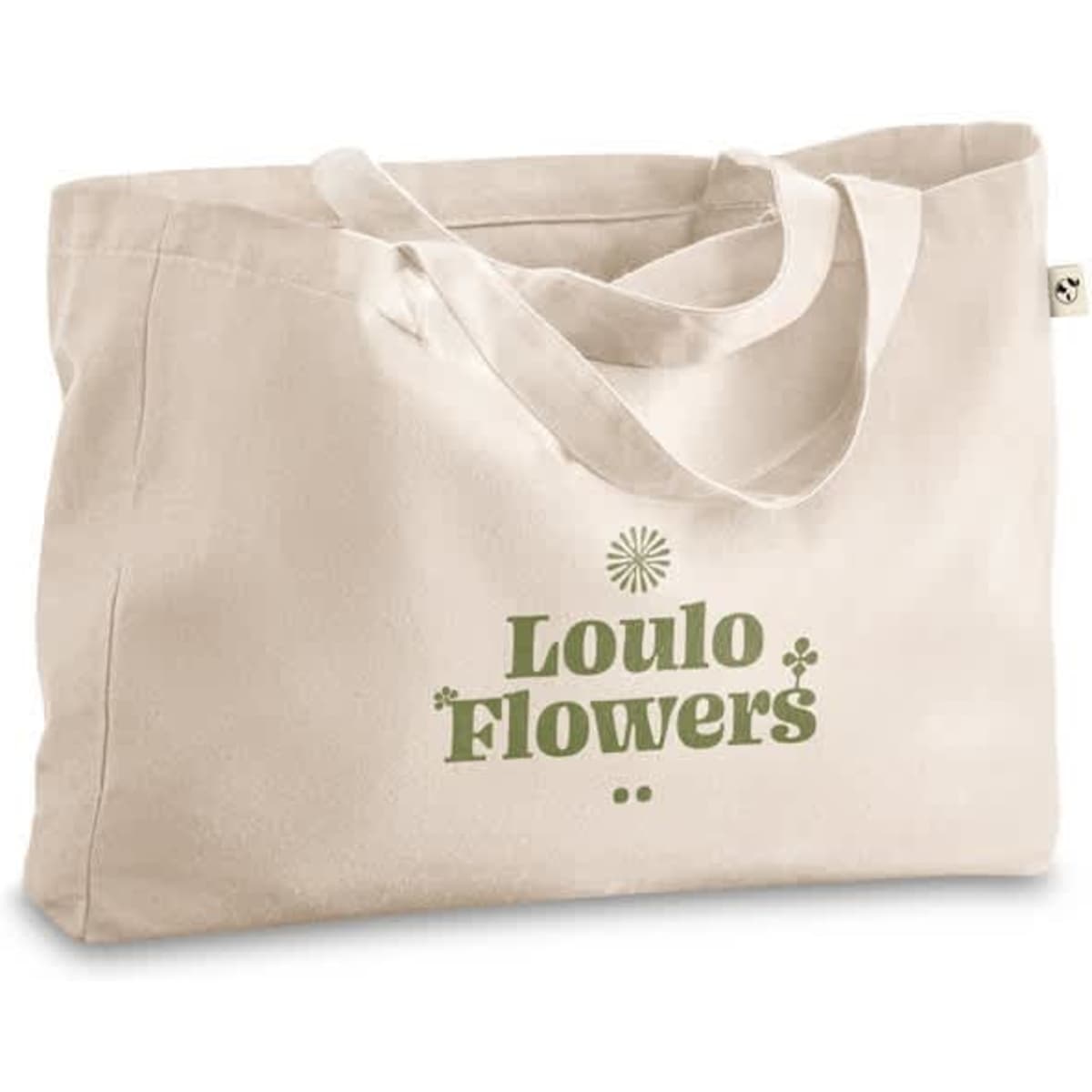 A beige tote bag made from cotton, recycled cotton, and polyester, featuring a logo on the front.