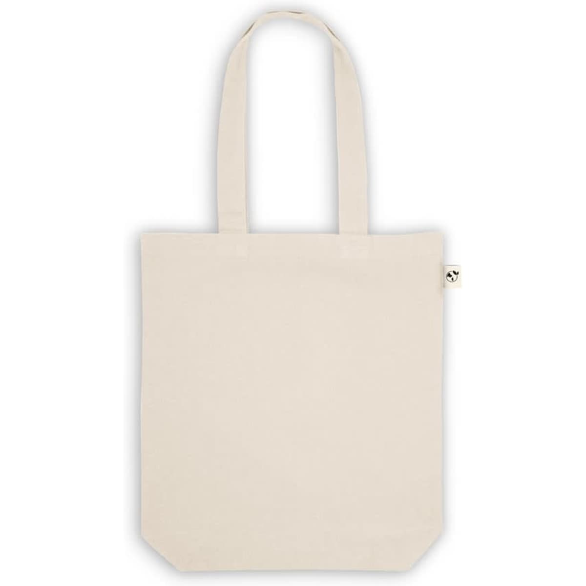 A cream tote bag made of cotton, recycled cotton, and polyester, featuring two handles and a small logo.