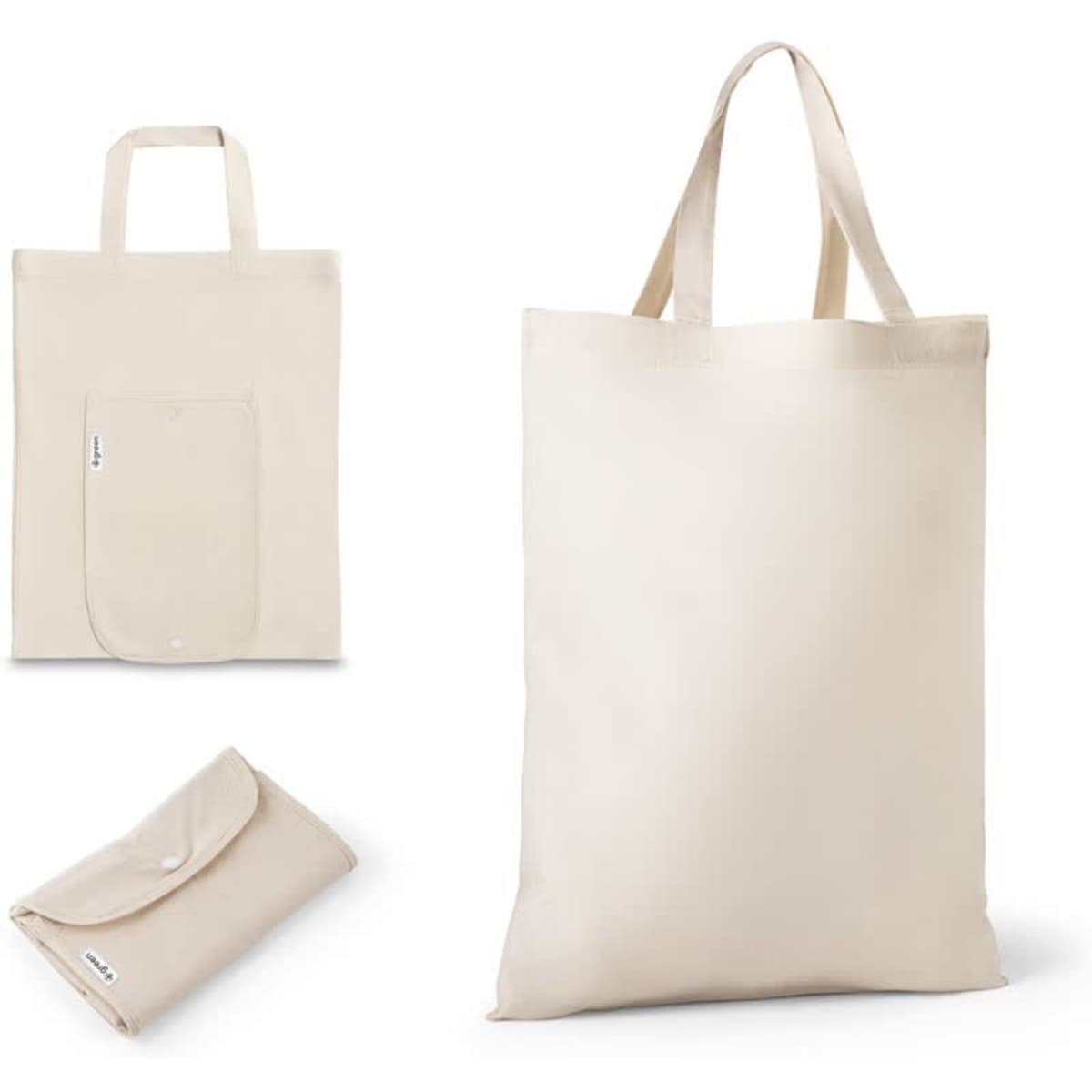 A foldable bag made from beige cotton, recycled cotton, and polyester, featuring a pocket and a logo.