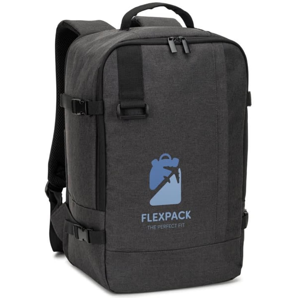 A grey backpack made from high-density 600D recycled polyester with adjustable straps and a logo on the front.
