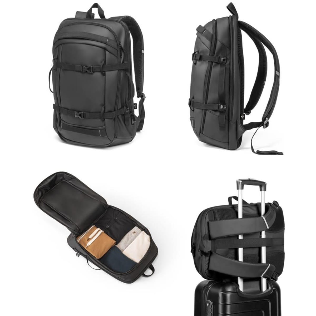 A black laptop backpack made from recycled polyester, featuring a water-resistant coating and multiple compartments.