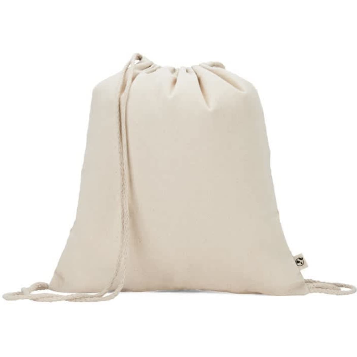 A cream drawstring bag made of 100% recycled cotton with a simple design and a logo.