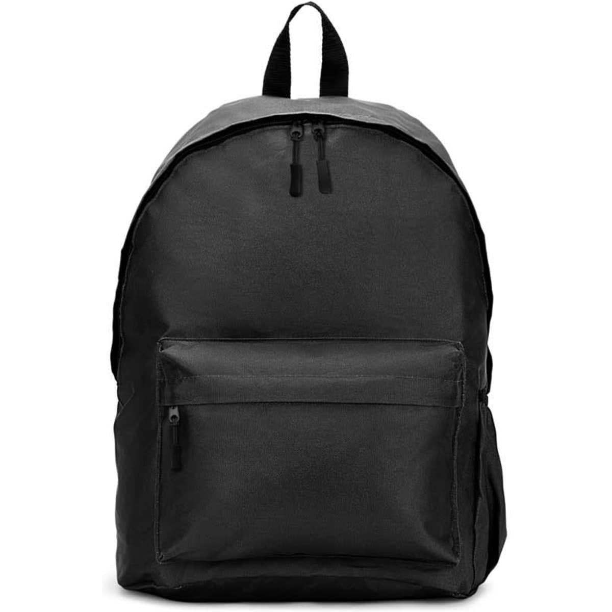 A classic black backpack made from 600D recycled polyester, featuring a front zip pocket and a top handle.