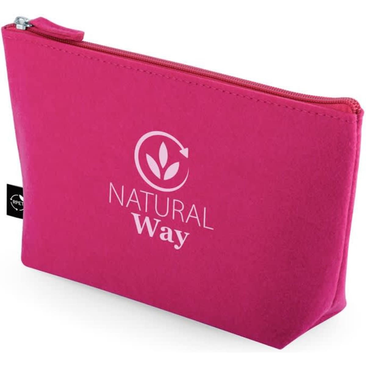 A pink multi-purpose bag made of recycled felt, featuring a zip closure and a logo on one side.