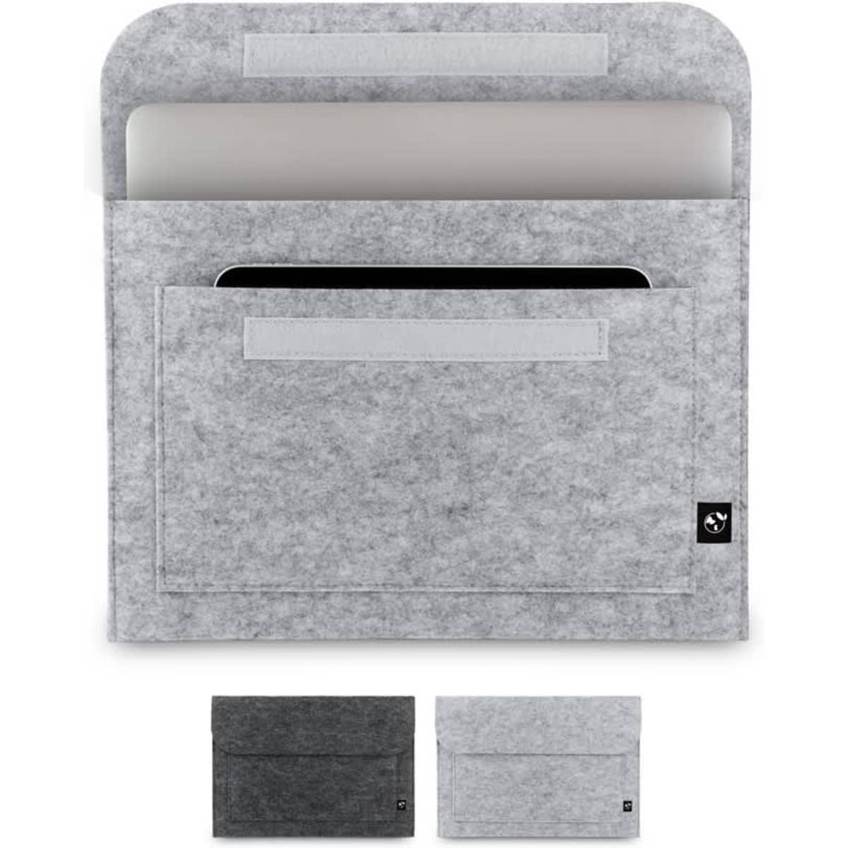 A grey recycled felt laptop bag with a front pocket and a sleek design, featuring a logo.