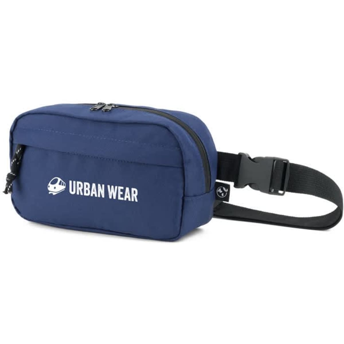 A navy waist bag made from recycled polyester, featuring a zip closure and an adjustable strap. It has a logo.
