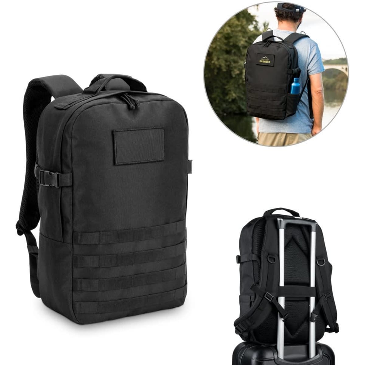 A military-style black backpack made from 600D recycled polyester, featuring adjustable straps and a logo.