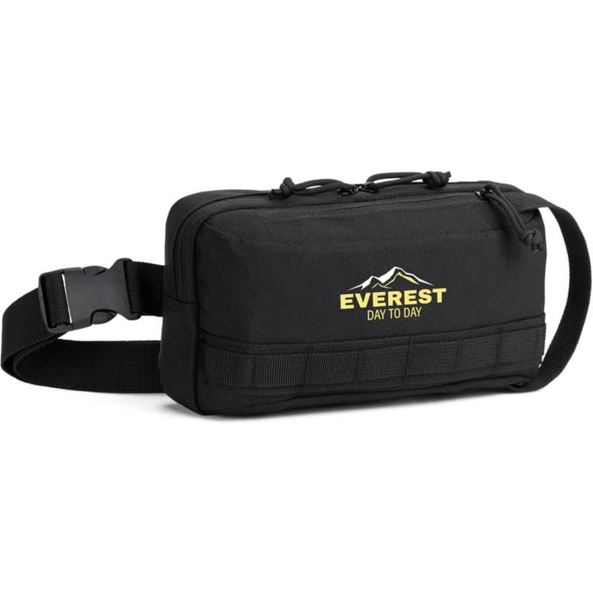 A black bum bag made from high-density recycled polyester, featuring a logo on the front and an adjustable strap.