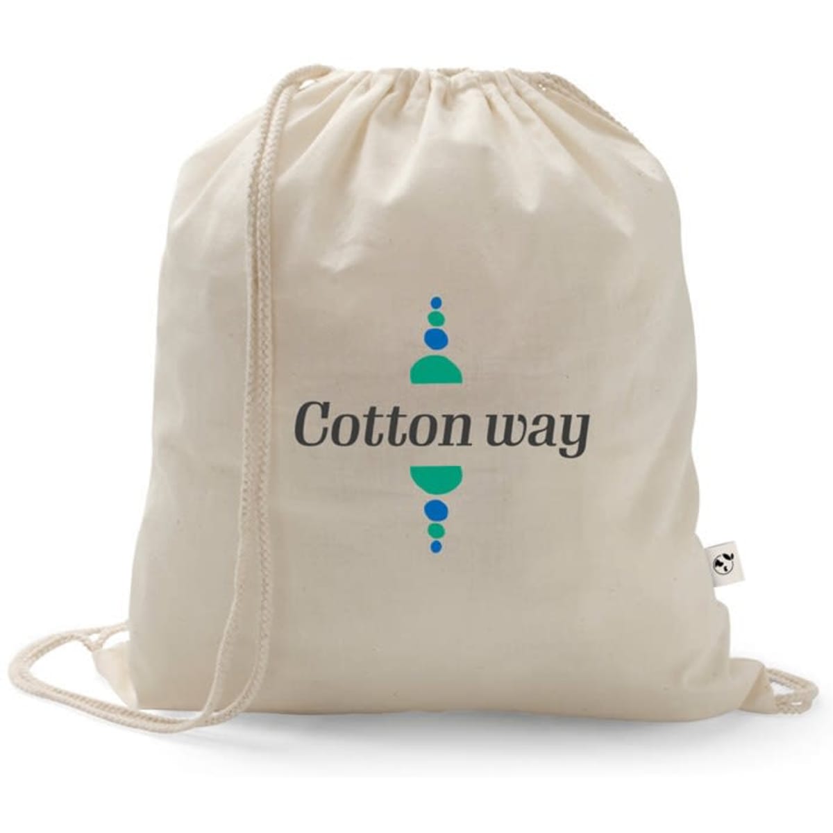 A cream drawstring bag made from recycled cotton and polyester, featuring a logo.