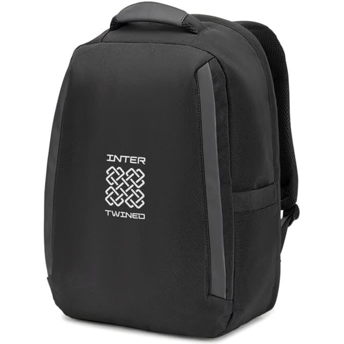 A black anti-theft backpack made from twill and high-density recycled polyester, with a logo on the front.