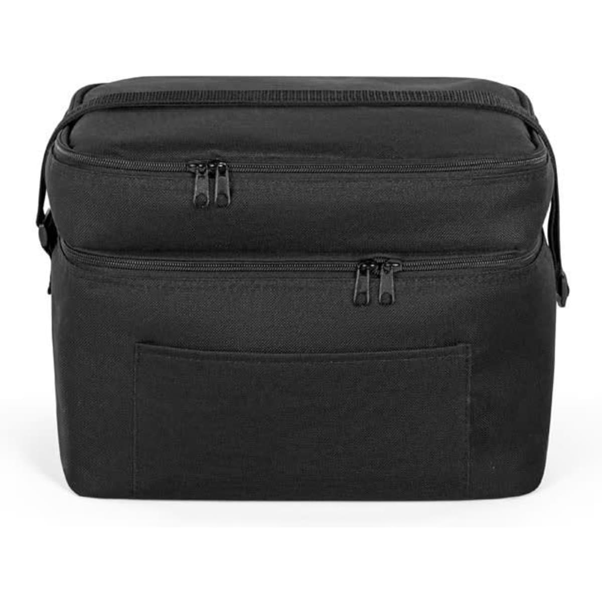 A black thermal cooler bag made of recycled polyester with two zippered compartments and an adjustable shoulder strap.