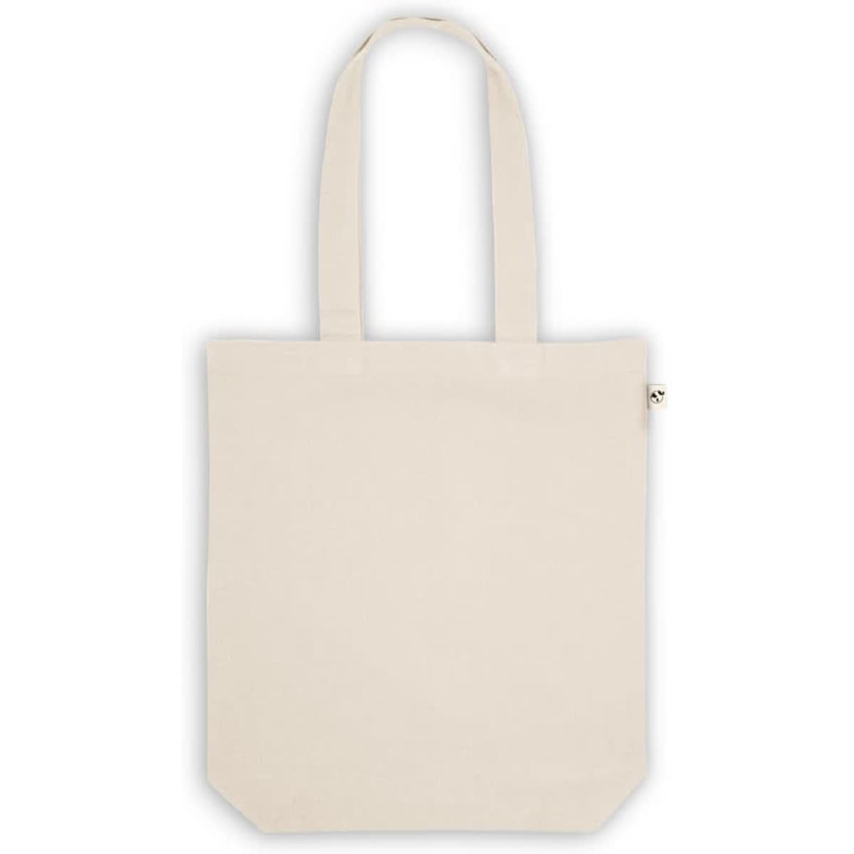 A beige tote bag made from 70% recycled cotton and 30% rPET, featuring sturdy handles and a simple design.