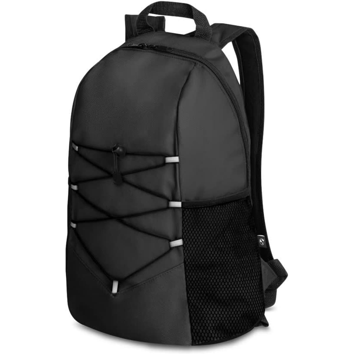 A black backpack made from 600D recycled polyester, featuring a mesh side pocket and a front bungee cord design.