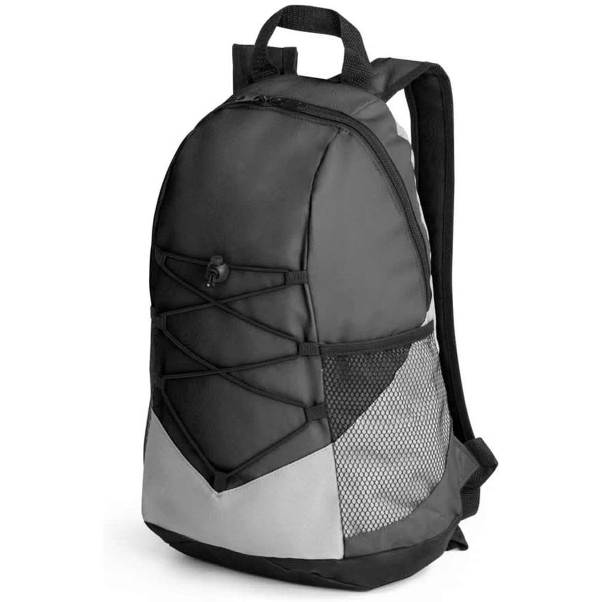 A black and grey backpack with a front bungee design and a side mesh pocket. It features a logo.
