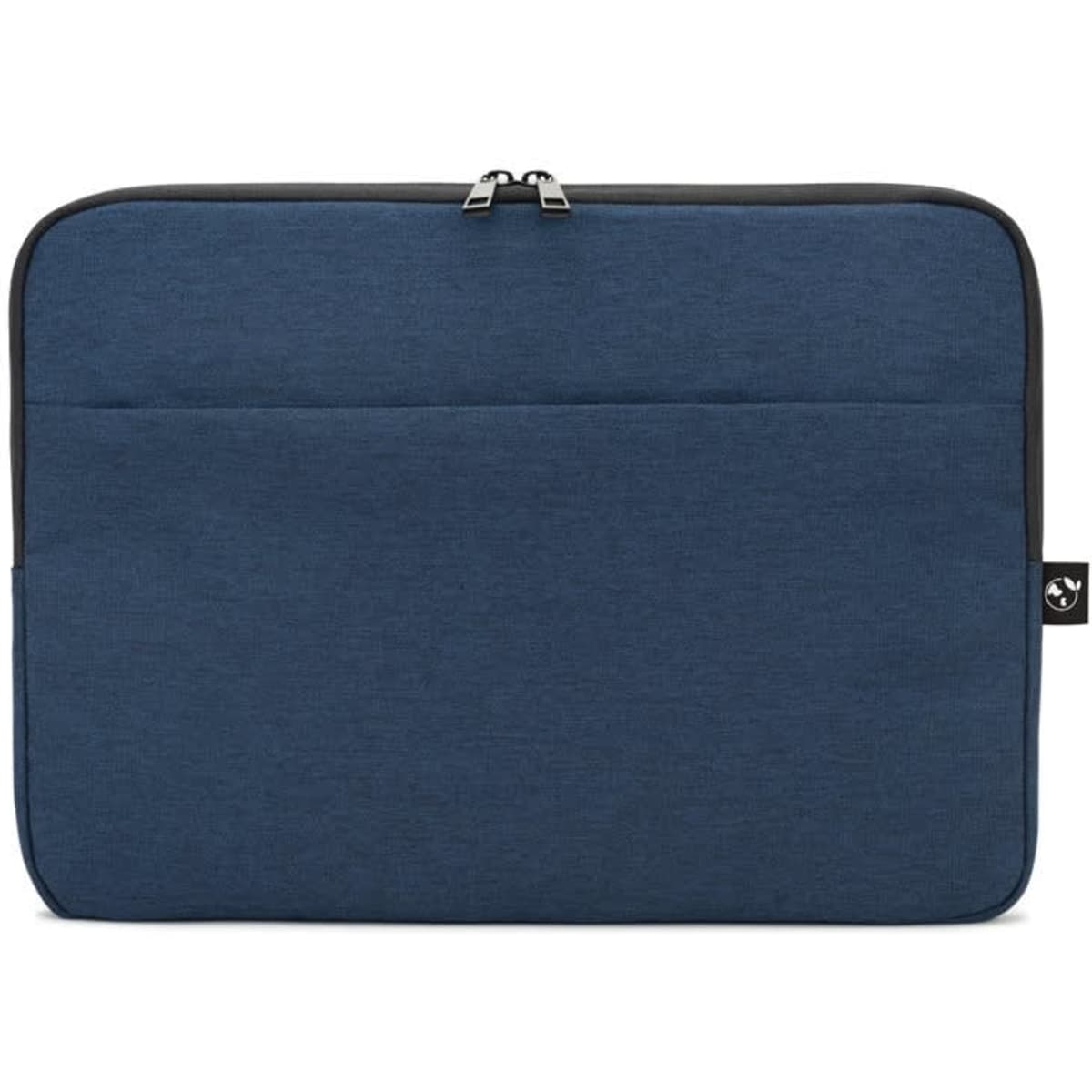 A dark blue high-density recycled polyester laptop briefcase with a zip closure and front pocket. It features a logo.