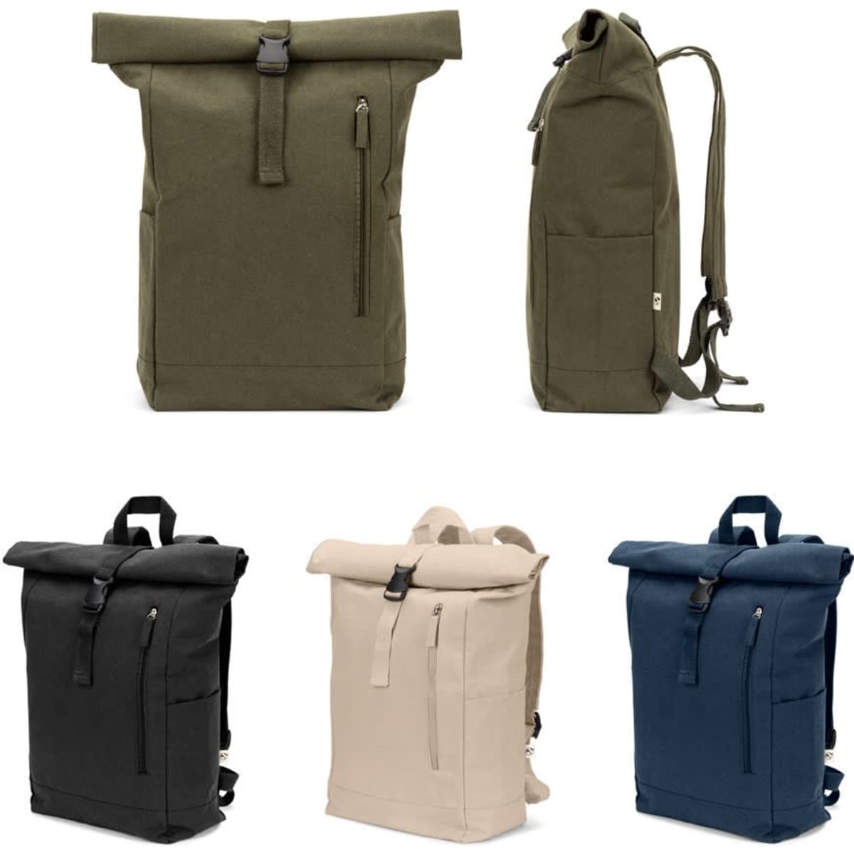 A roll top backpack in olive green, black, beige, and navy, made from recycled cotton and recycled polyester. Features a logo.