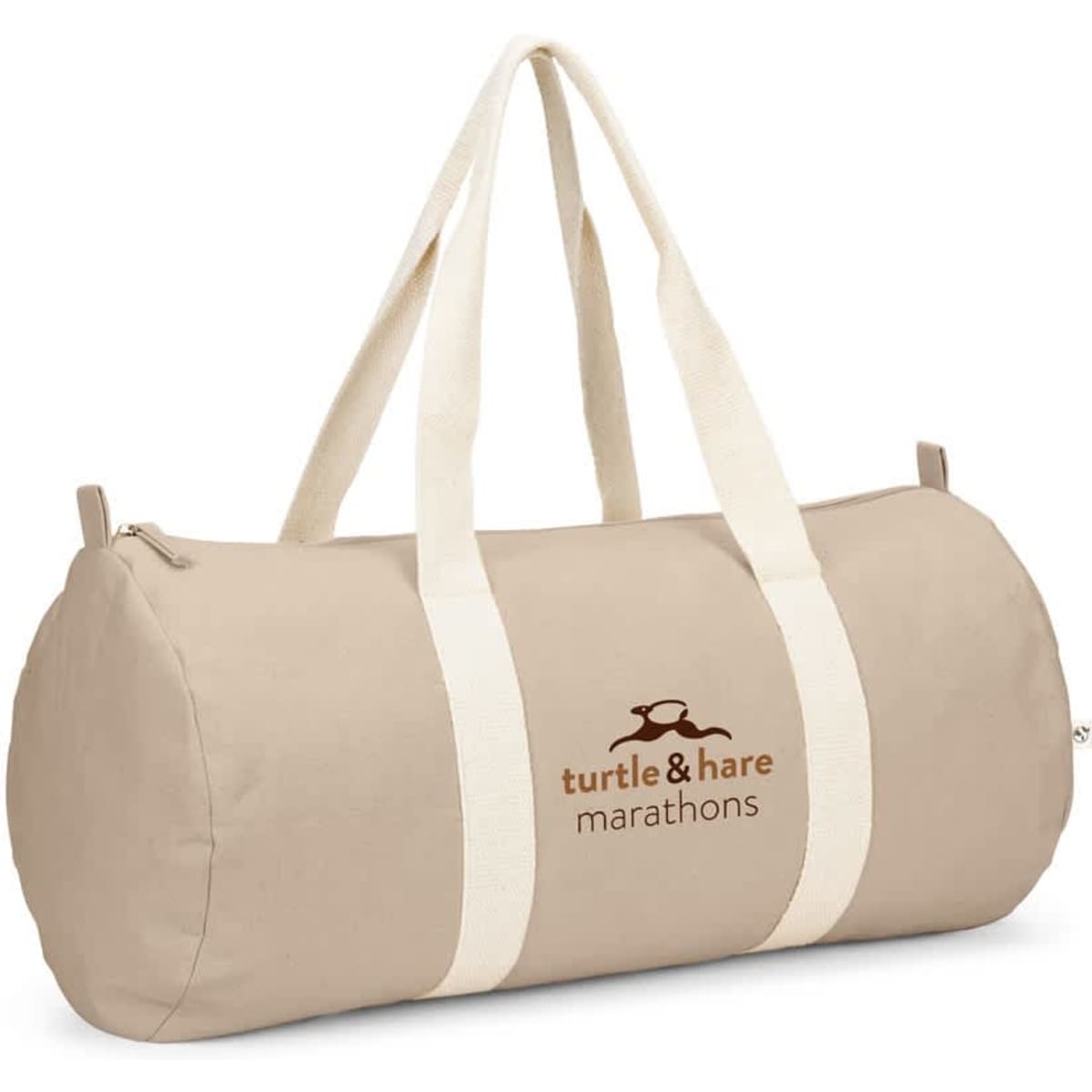 A beige duffle bag made from recycled materials, featuring a logo and sturdy handles for easy carrying.