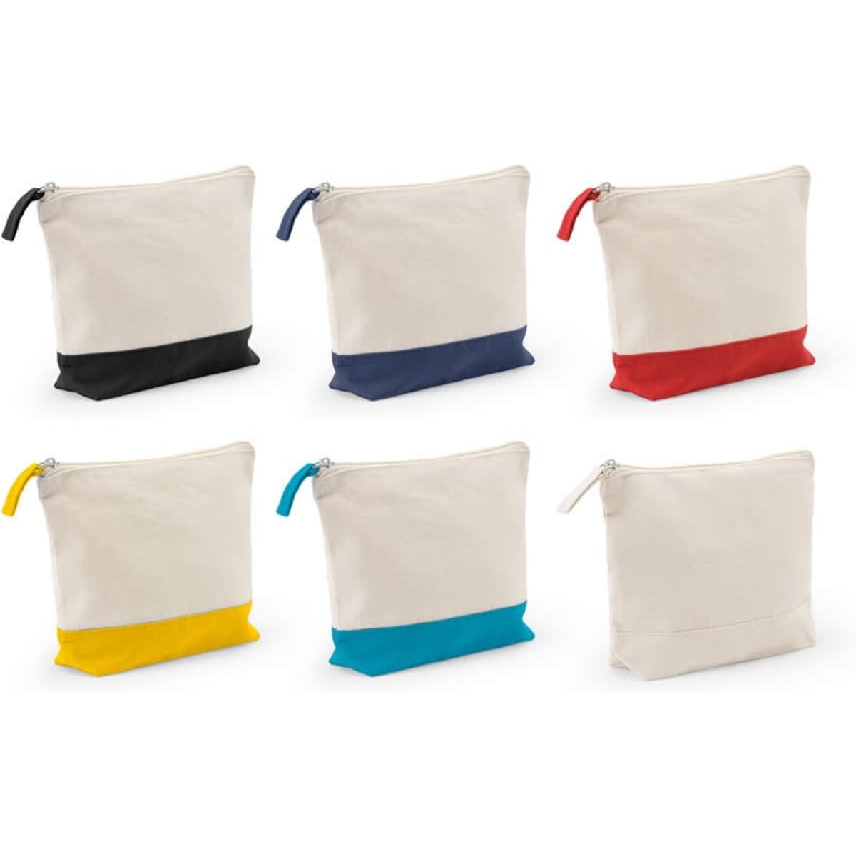 A collection of six two-tone cosmetic bags in cream with black, navy, red, yellow, and teal bottoms, featuring zippers.