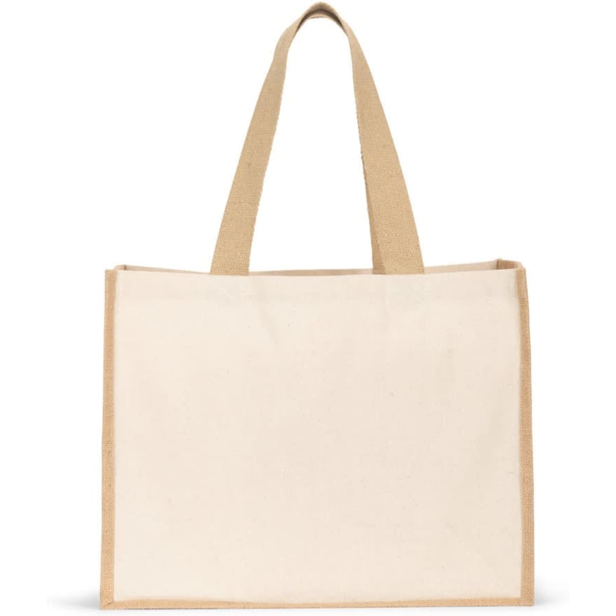 A tote bag in natural tones, featuring a canvas body with laminated jute sides and bottom, and sturdy handles.