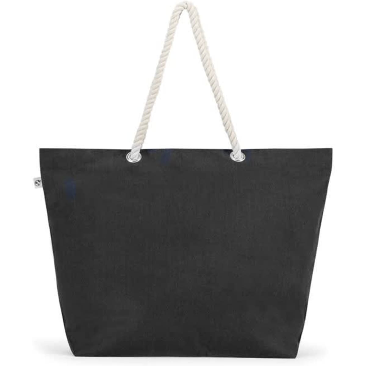A large black beach bag made of recycled cotton and polyester, featuring rope handles and a simple design.