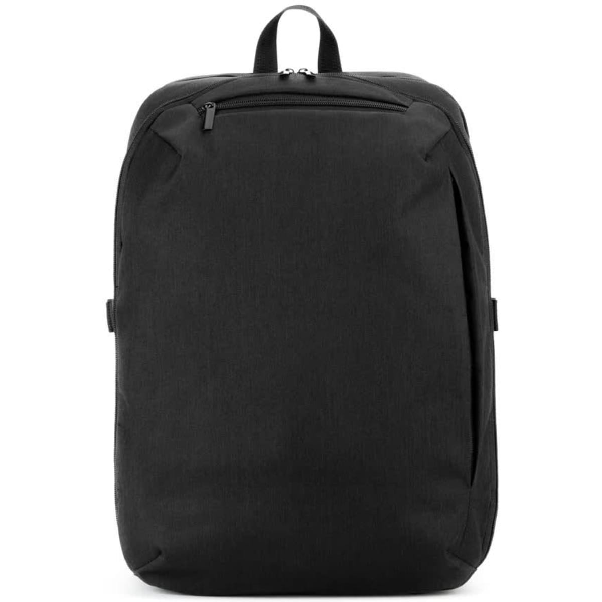 A black backpack made from high-density 300D recycled polyester with a full opening compartment and a zip pocket.