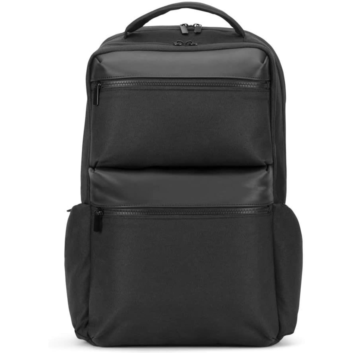 A black water-repellent recycled twill backpack featuring two large front pockets and a top handle.