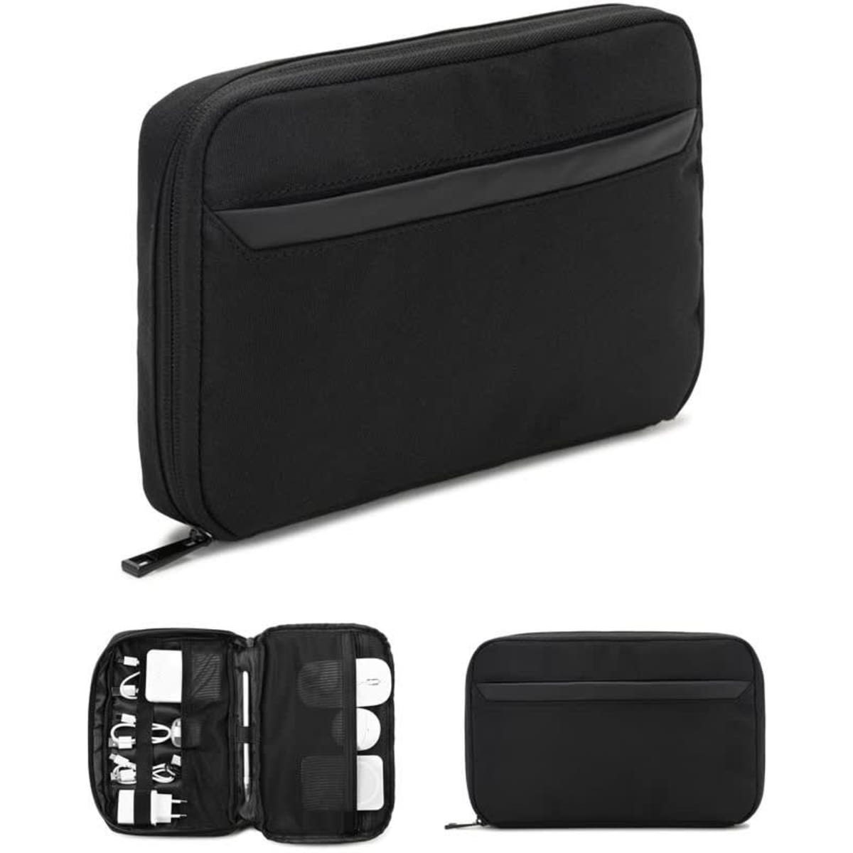 A black organiser bag with various compartments for tech accessories and a front pocket. It features a logo.