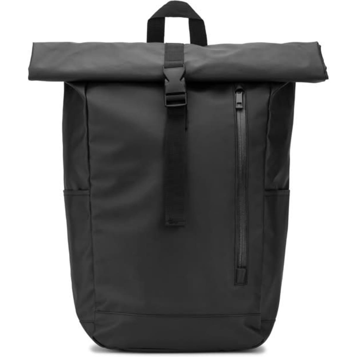 A black roll-top backpack made from 600D recycled polyester, featuring a zip system and side pockets.