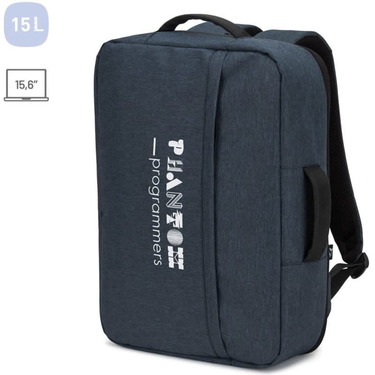 A navy laptop backpack made from high-density 300D recycled polyester with a logo on the front.