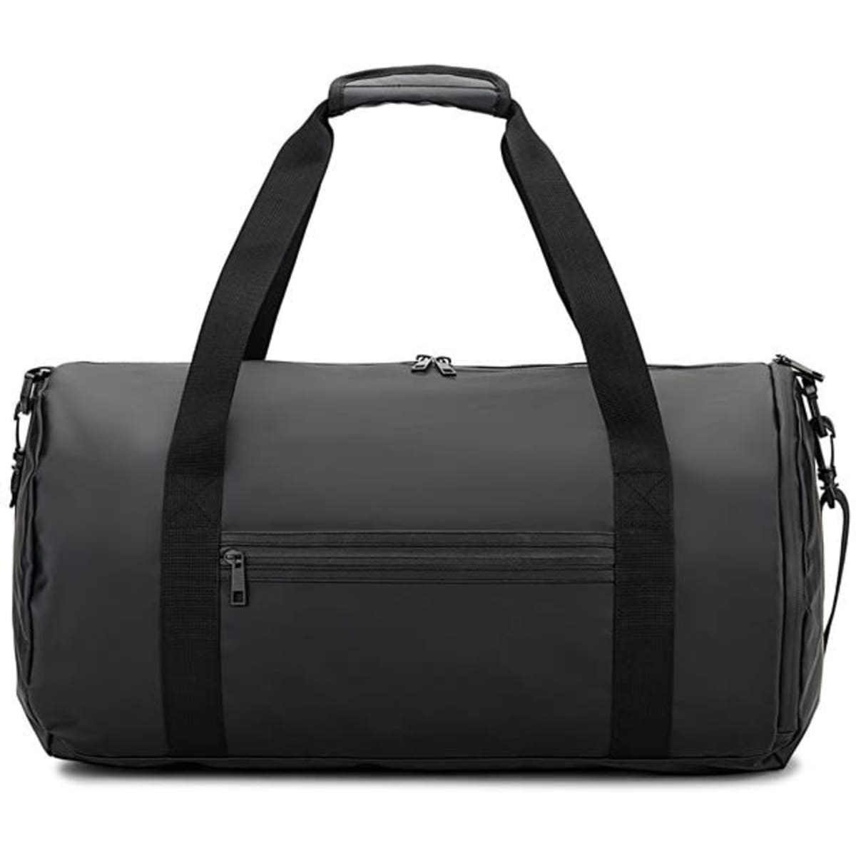 A cylindrical black sports bag made from high-density 600D recycled polyester with a side compartment for shoes.