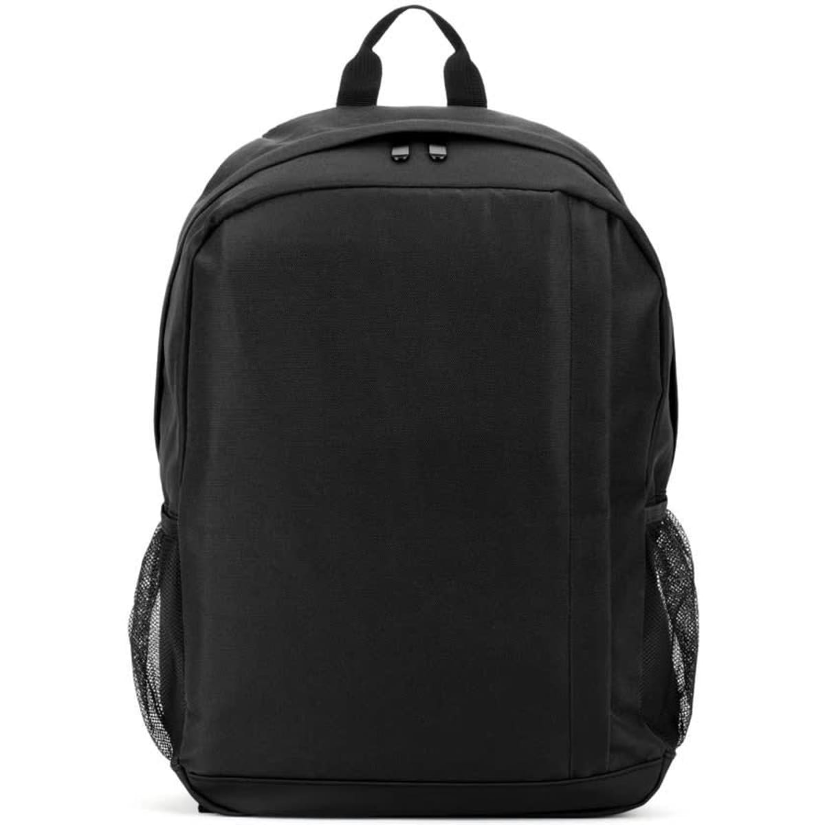 A black laptop backpack made from high-density recycled polyester, featuring side mesh pockets and a top handle.