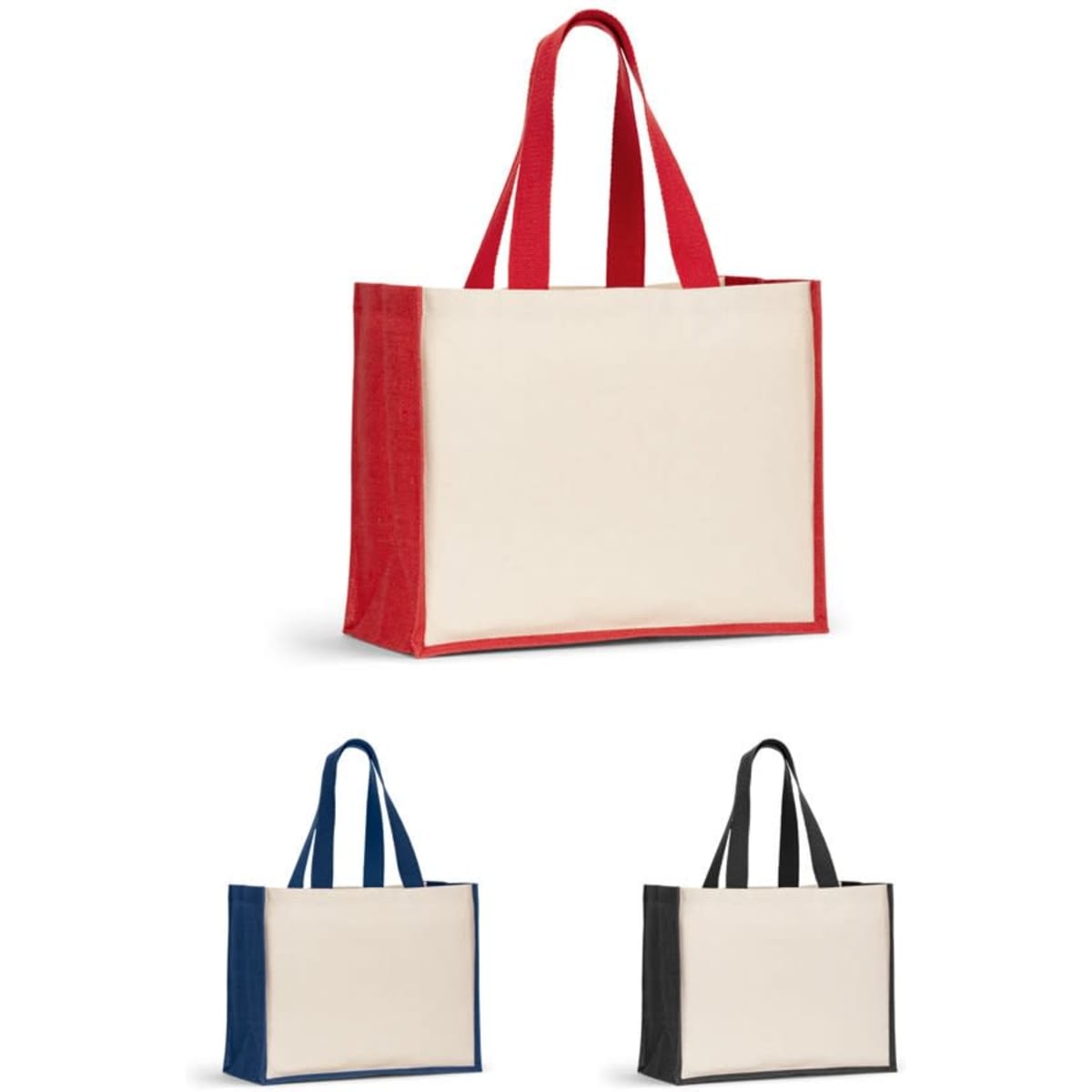 A tote bag with red handles and laminated jute sides, available in red, navy blue, and black. Features branding.