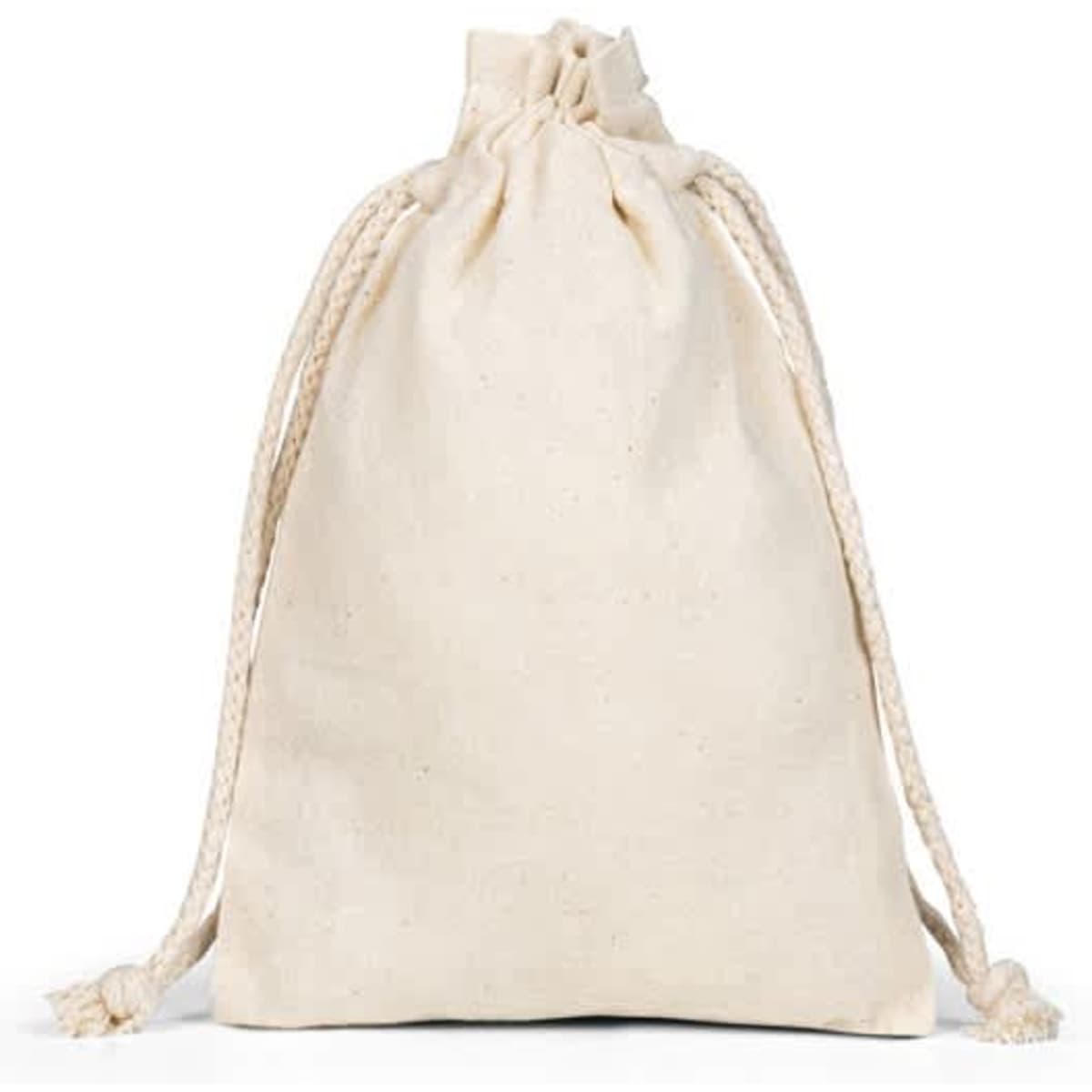 A small cream cotton drawstring bag with two cords at the top, suitable for various uses.