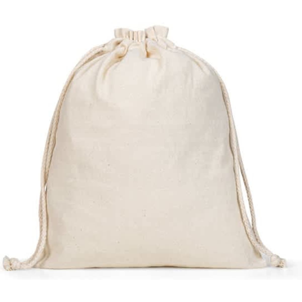 A medium drawstring bag in natural cotton, featuring a simple design and a logo.