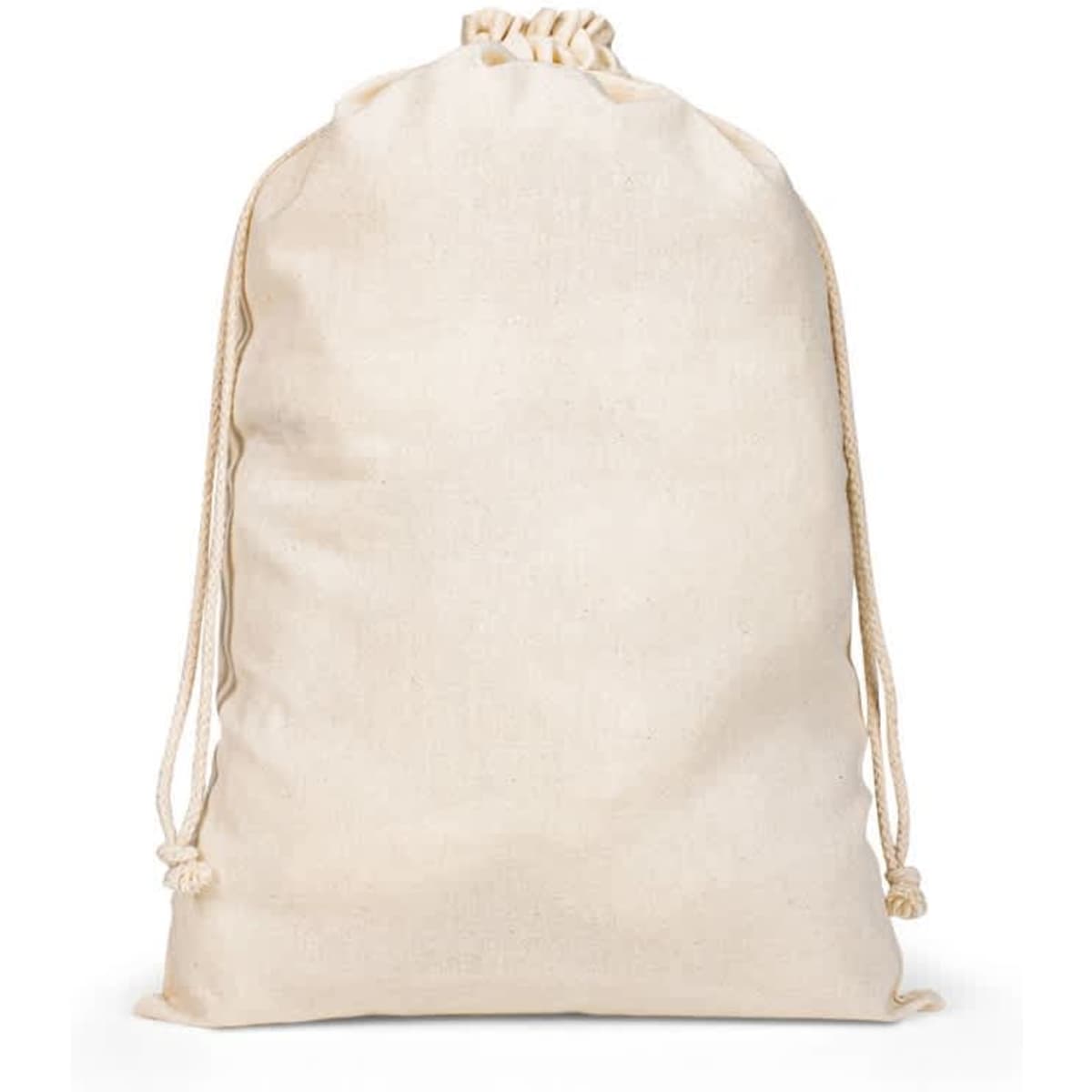 A large beige drawstring bag made of 100% cotton, featuring a simple design and a cord closure.