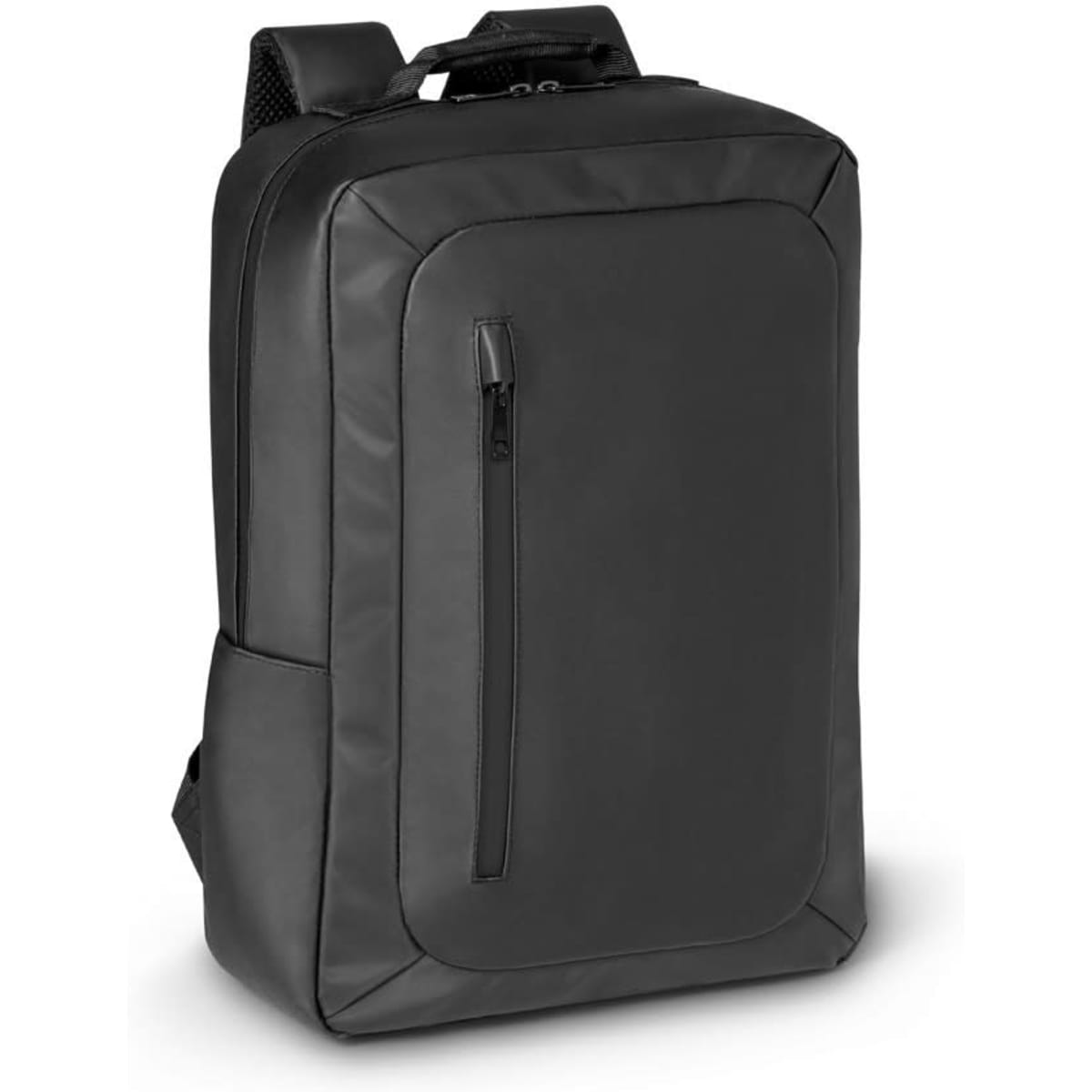 A black laptop backpack made from high-density 600D recycled polyester, featuring a front zip pocket and a logo.