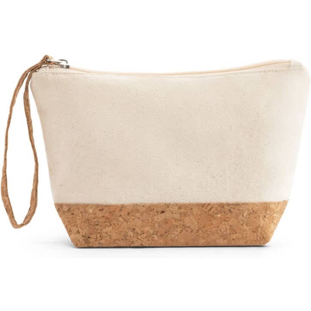 A cream and cork toiletry bag with a zip closure and a wrist strap, featuring a natural cork base.