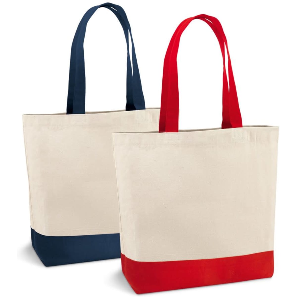 Two tote bags made of 100% cotton canvas, featuring cream bodies with red and navy blue handles and bases.