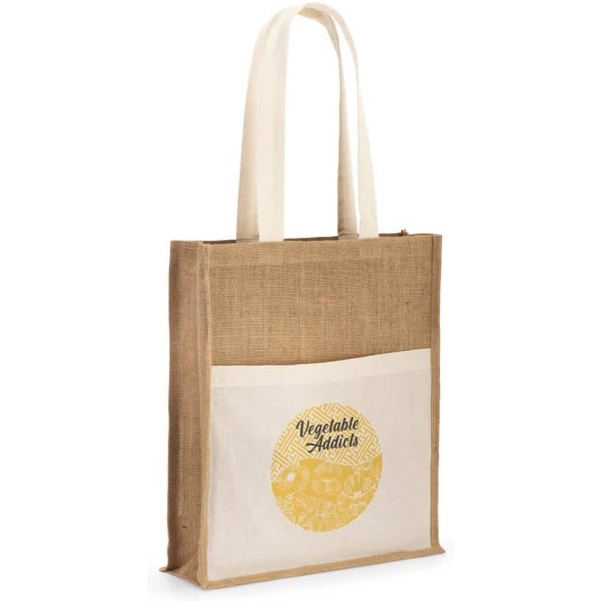 A jute tote bag featuring a front pocket made of cotton, in beige with a light tan design and handles.