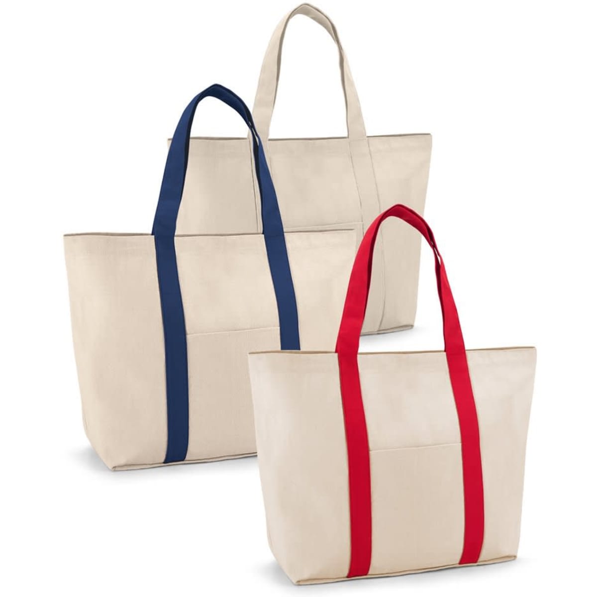 A trio of 100% cotton canvas tote bags in natural with navy, red, and cream handles, featuring front and inside pockets.