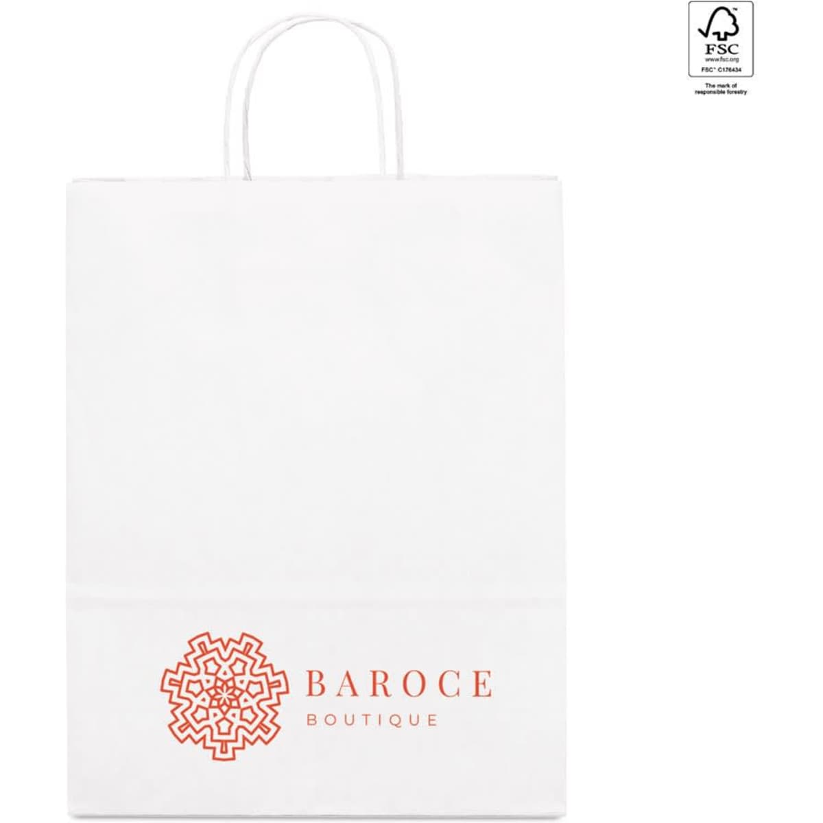 A white paper kraft bag with handles, featuring an orange logo at the bottom.