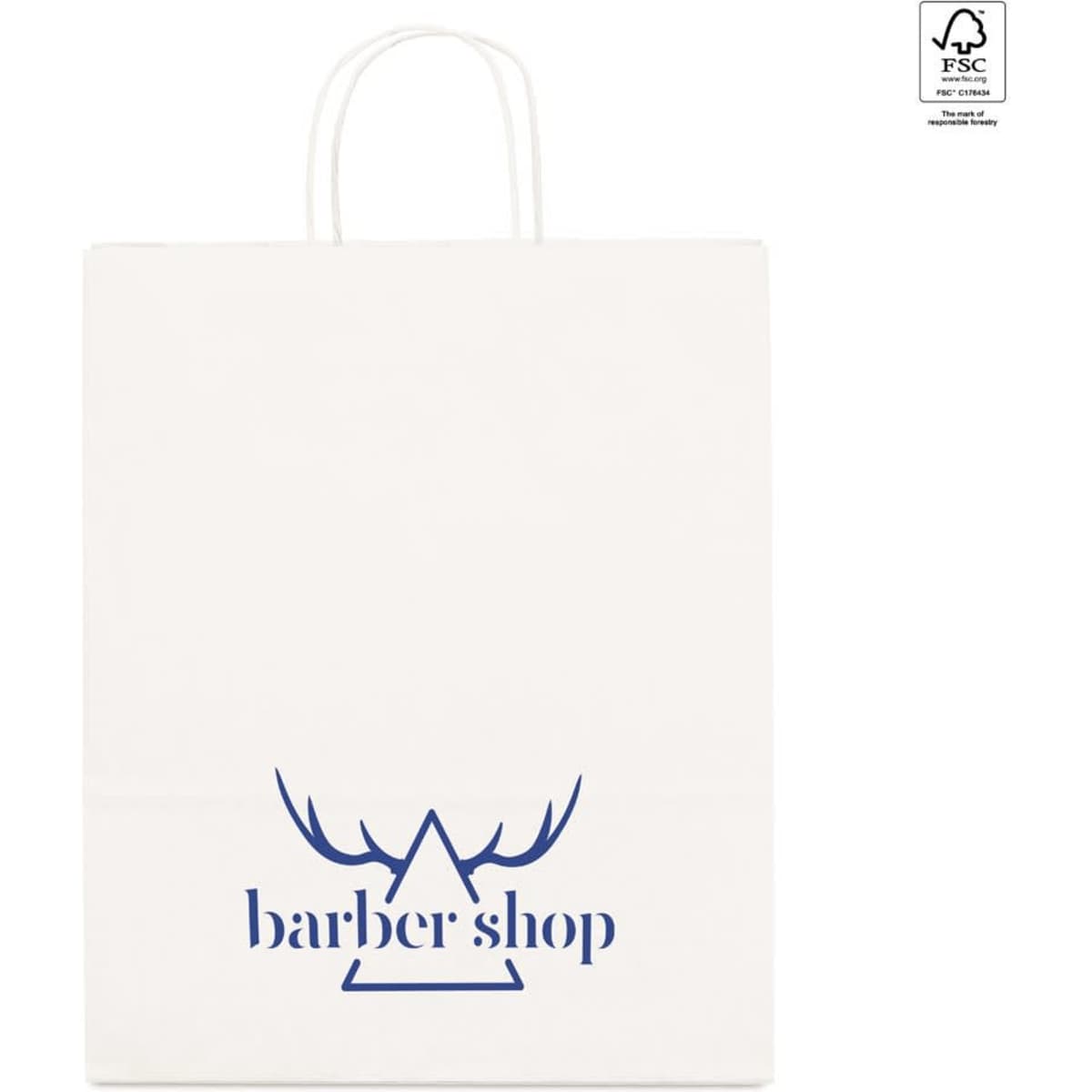 A white paper kraft bag with blue design elements and handles. It features a logo and is made from 100 g/m² paper.