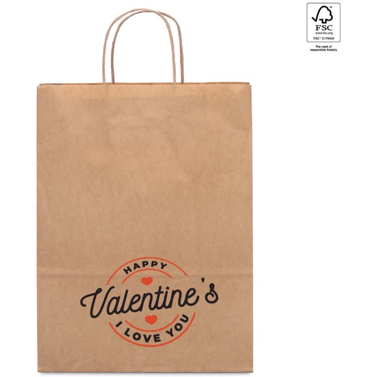 A kraft paper bag in brown with handles, featuring a Valentine’s themed design and a logo.